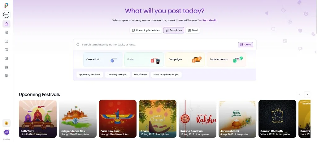 Pixipie dashboard showing templates, festivals, and scheduling tools